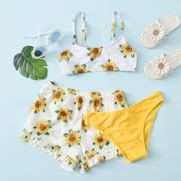 

3pack Girls Sunflower Print Co-ord Bikini Swimsuit, Multicolor