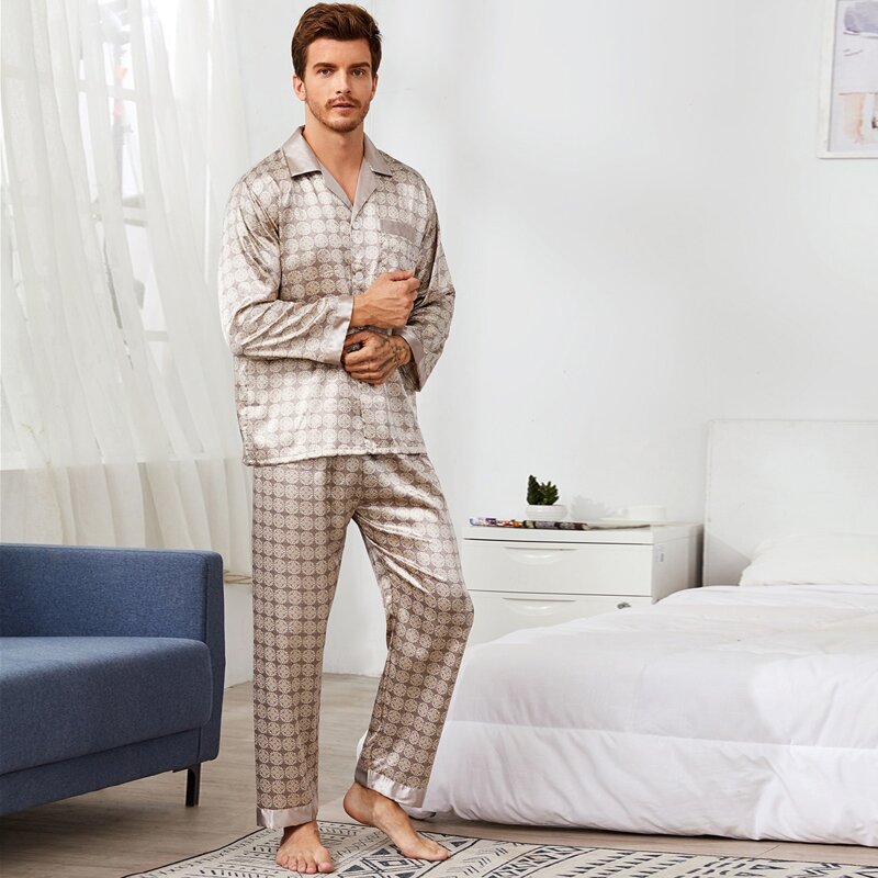 

Guys Tribal Print Satin Top With Pants PJ Set, Khaki