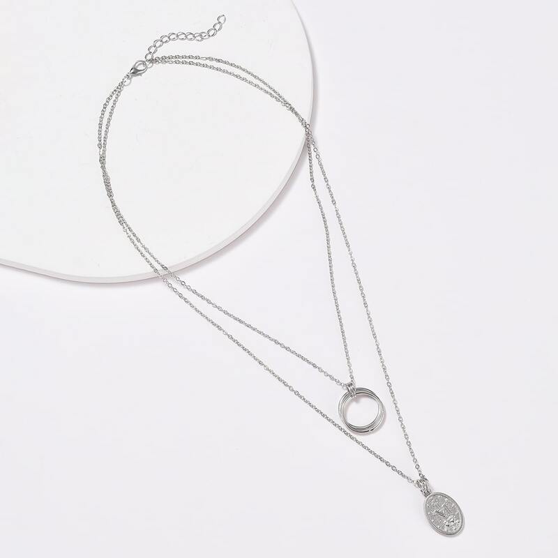 

Coin & Ring Layered Necklace, Silver