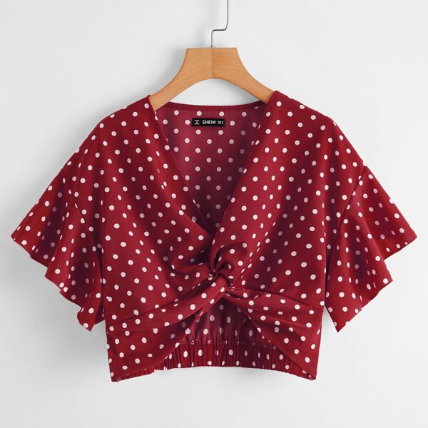 

Twist Front Polka-dot Print Crop Top, Burgundy