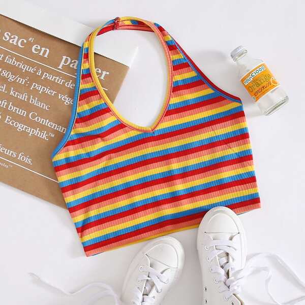 

Rainbow Striped Rib-knit Halter Top, Multicolor