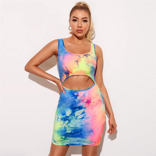 

Cut Out Front Tie Dye Print Tank Bodycon Dress, Multicolor