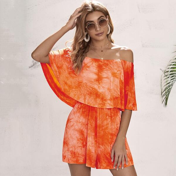 

Tie Dye Two Layer Bardot Romper, Orange bright