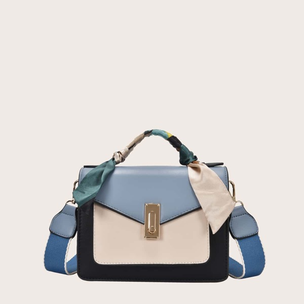

Twilly Scarf Decor Color Block Satchel Bag, Blue