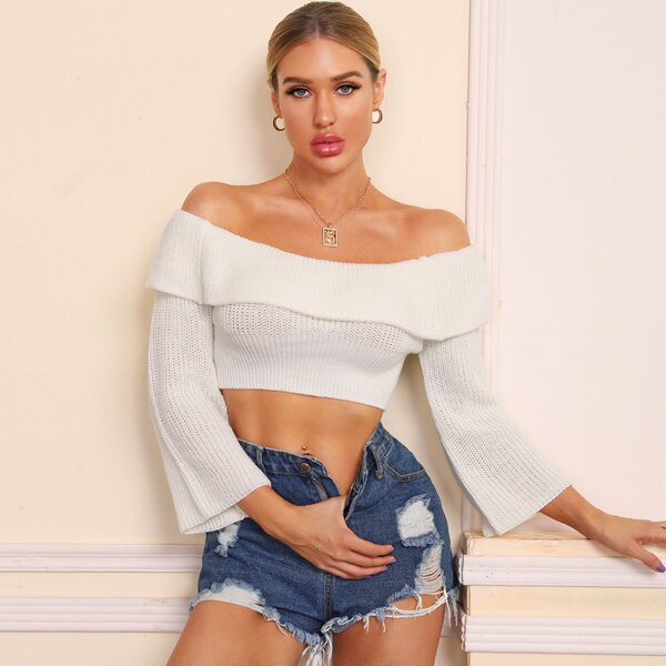 

Foldover Off Shoulder Bell Sleeve Crop Sweater, White