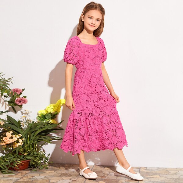 

Girls Puff Sleeve Flippy Hem Guipure Lace Dress, Pink
