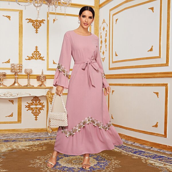 

Appliques Bell Sleeve Self Tie Maxi Dress, Dusty pink