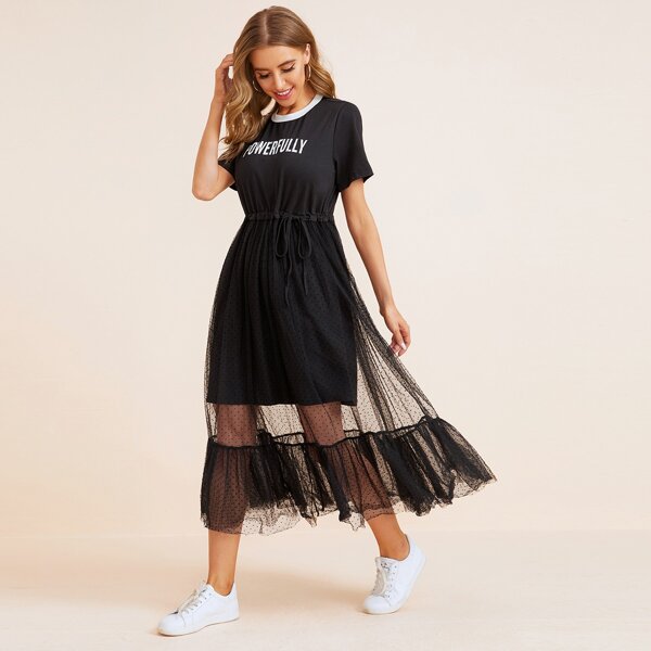 

Letter Graphic Drawstring Waist Swiss Dot Mesh Overlay Dress, Black