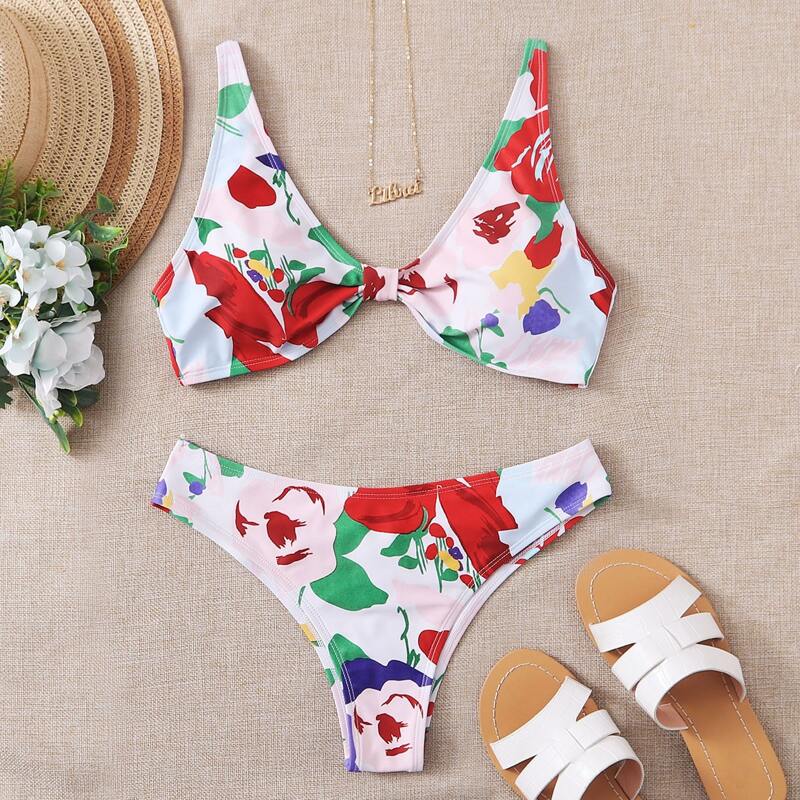 

Floral Tie Back Bikini Swimsuit, Multicolor