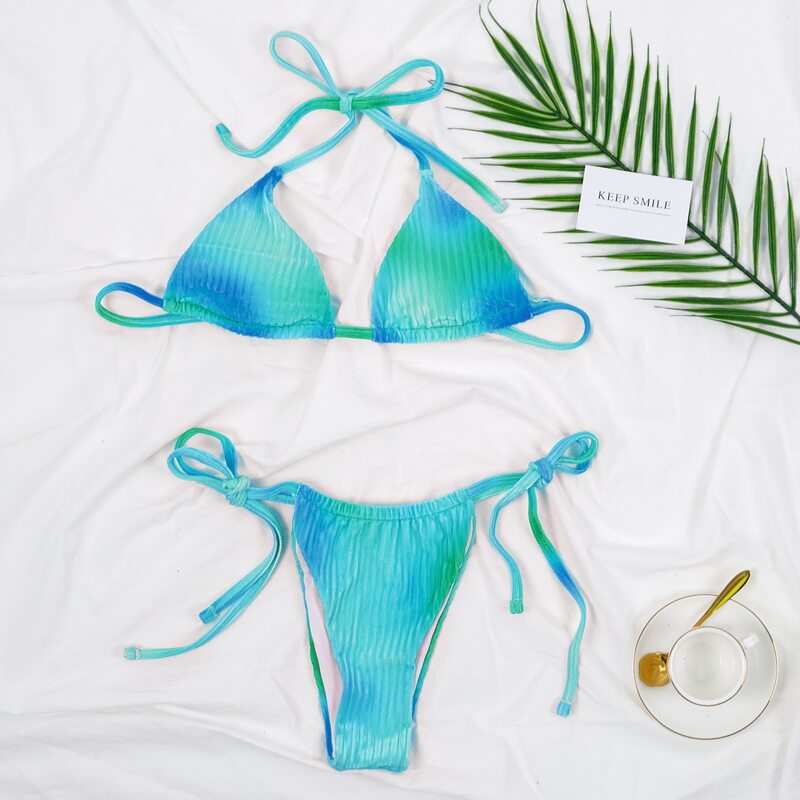 

Tie Dye Velvet Triangle Tie Side Bikini Swimsuit, Blue