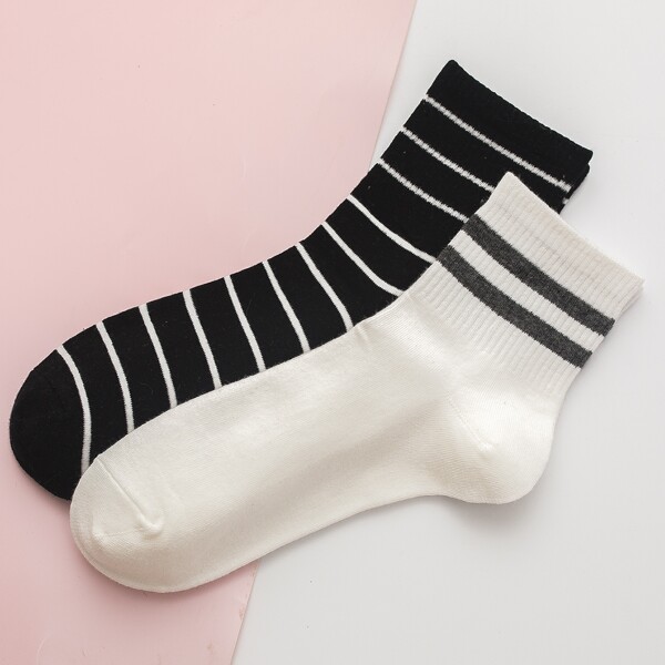 

2pairs Stripe Socks, Black and white