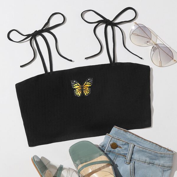 

Knot Strap Butterfly Embroidery Rib-knit Crop Cami Top, Black