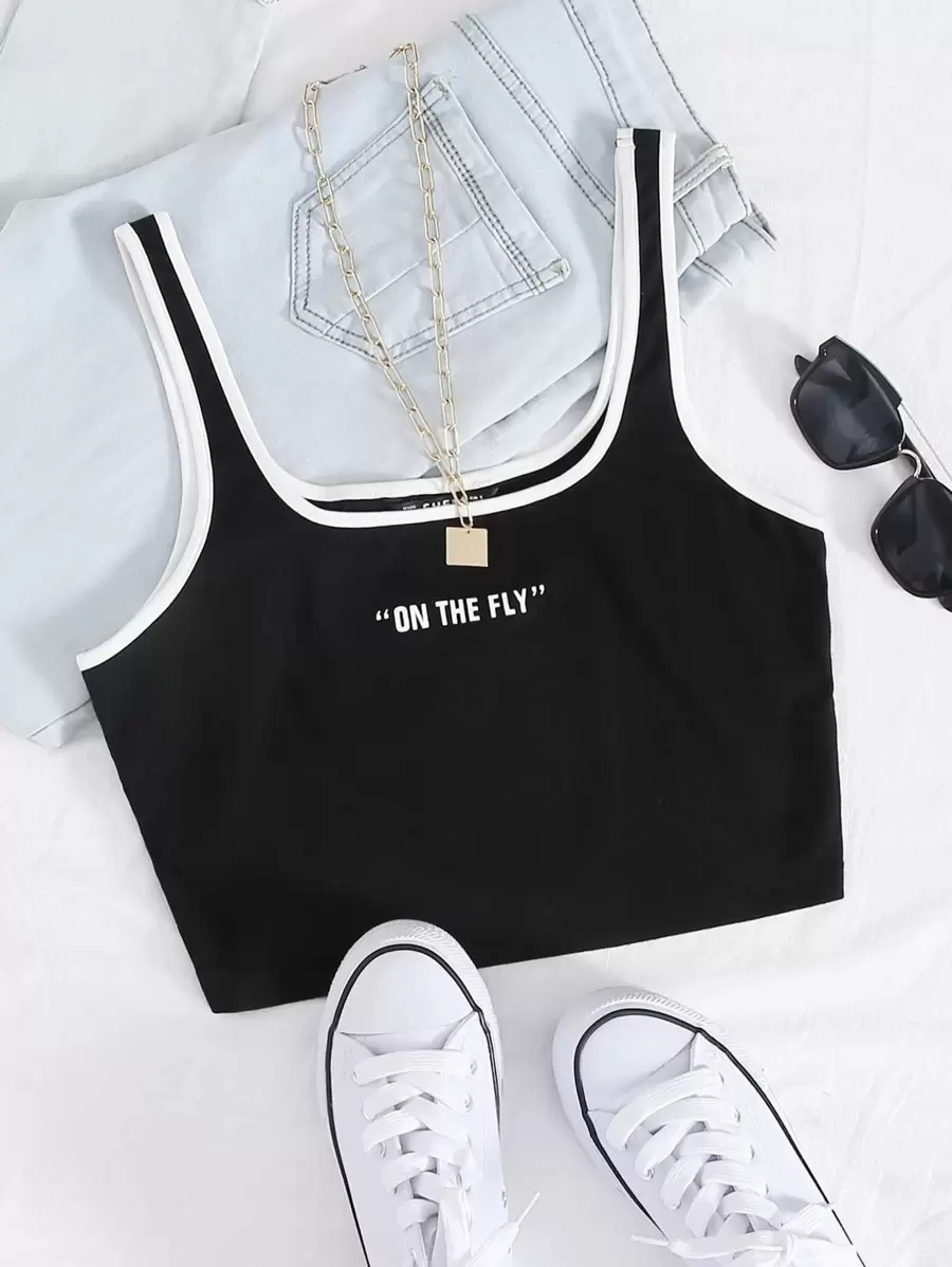SHEIN EZwear Contrast Binding Slogan Graphic Tank Top - Black - View 1