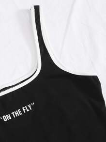 SHEIN EZwear Contrast Binding Slogan Graphic Tank Top - Black - View 3