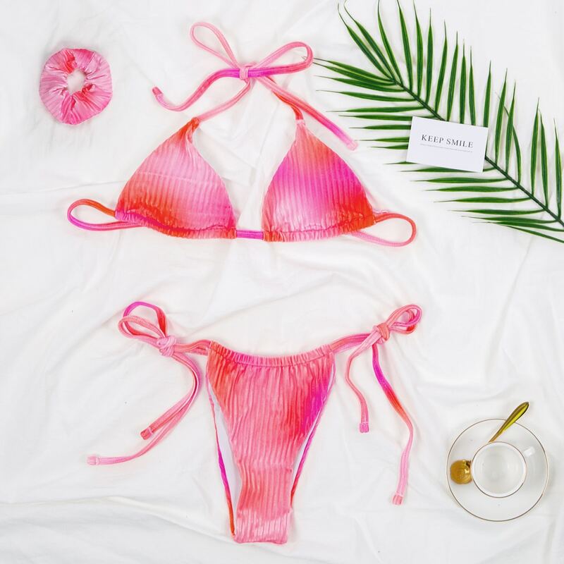 

Tie Dye Velvet Triangle Tie Side Bikini Swimsuit, Pink bright