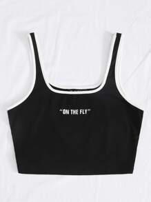 SHEIN EZwear Contrast Binding Slogan Graphic Tank Top - Black - View 4