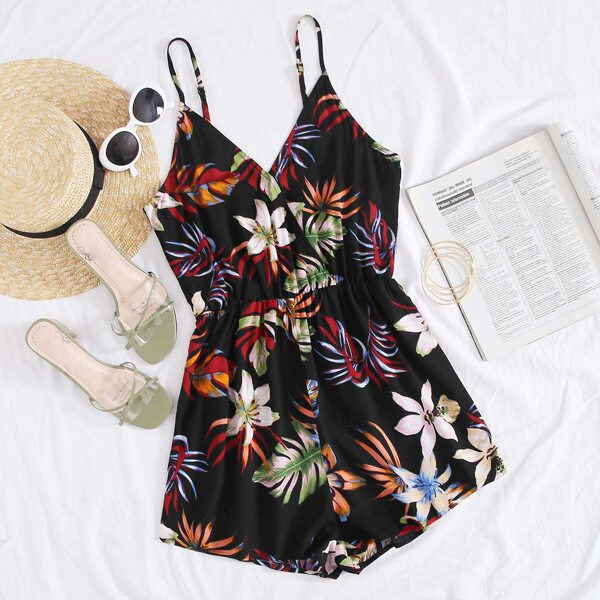 

Surplice Neck Tropical Print Slip Romper, Black