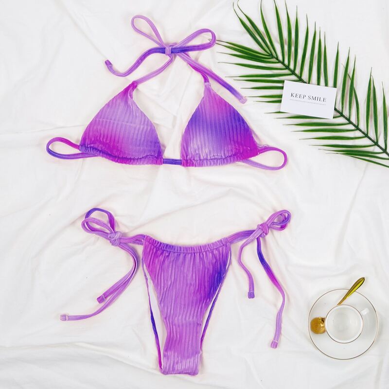

Tie Dye Velvet Triangle Tie Side Bikini Swimsuit, Violet purple