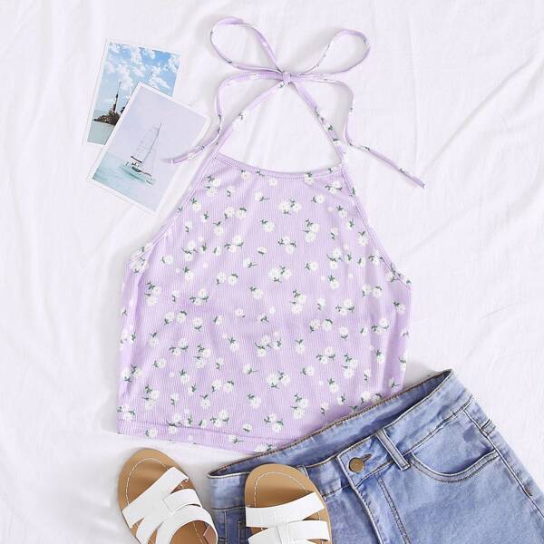 

Tie Back Ditsy Floral Halter Top, Lilac purple