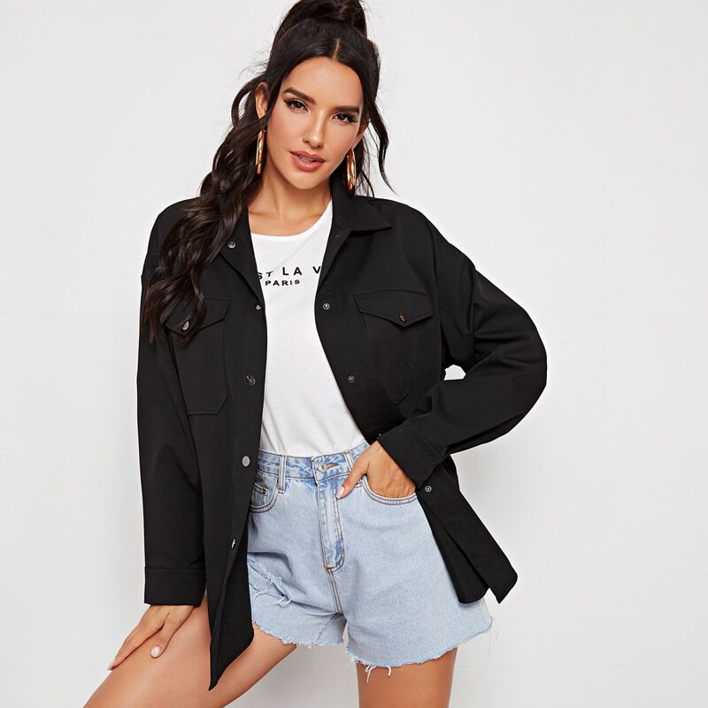 

Drop Shoulder Flap Pocket Solid Coat, Black