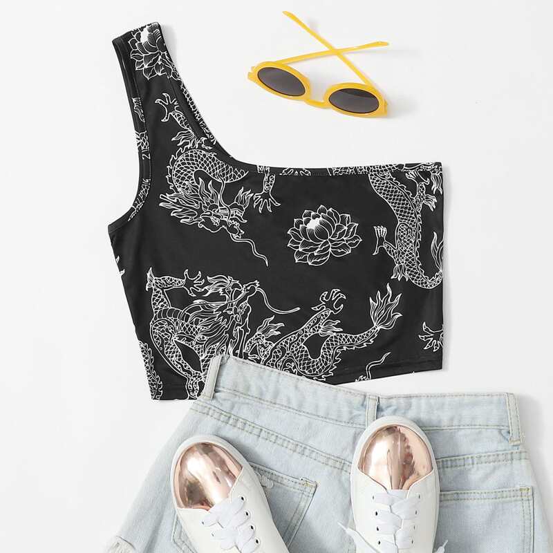 

Dragon & Lotus Print One Shoulder Crop Top, Black