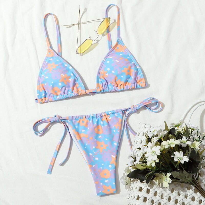 

Floral Triangle Tie Side Bikini Swimsuit, Multicolor