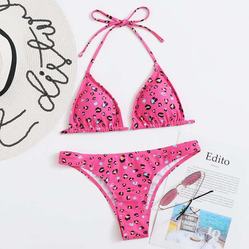 

Leopard Triangle Halter Bikini Swimsuit, Pink bright