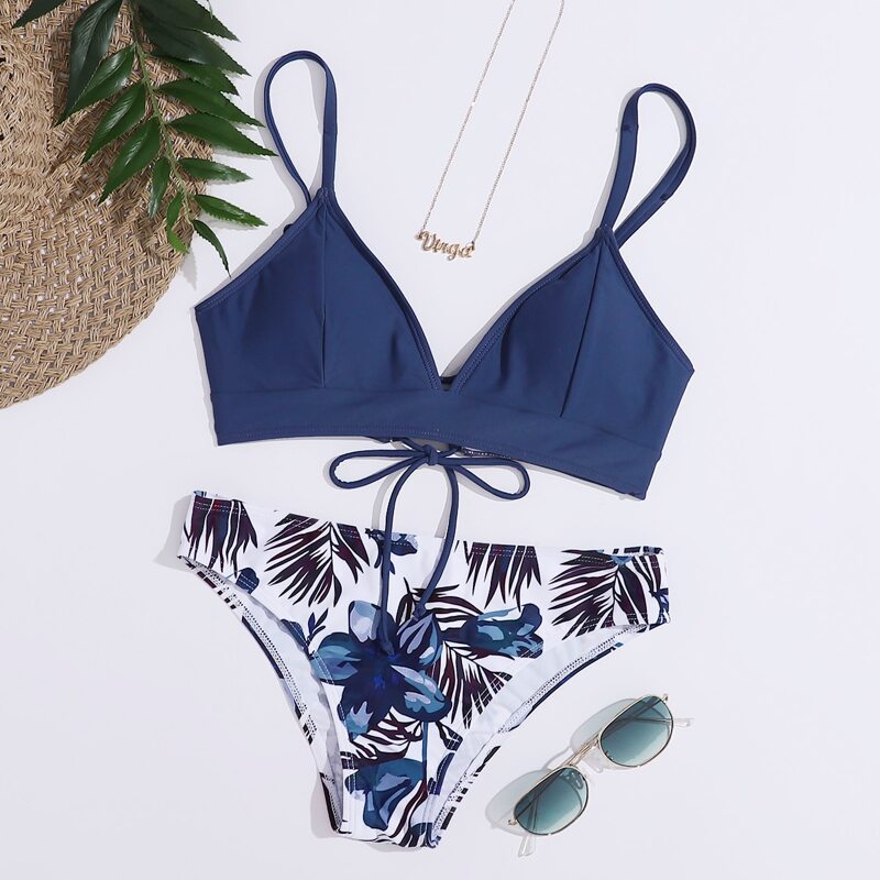

Tropical Lace-up Back Bikini Swimsuit, Multicolor