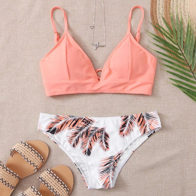 

Leaf Lace-up Back Bikini Swimsuit, Multicolor