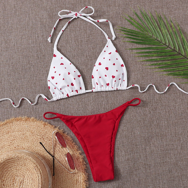 

Heart Print Triangle Thong Bikini Swimsuit, Red and white