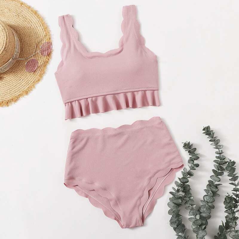 

Scallop Trim Ruffle Hem High Waisted Bikini Swimsuit, Pastel dusty pink