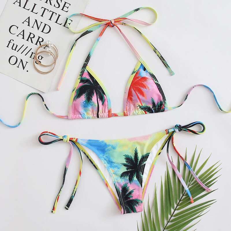 

Tie Dye & Tropical Triangle Tie Side Bikini Swimsuit, Multicolor