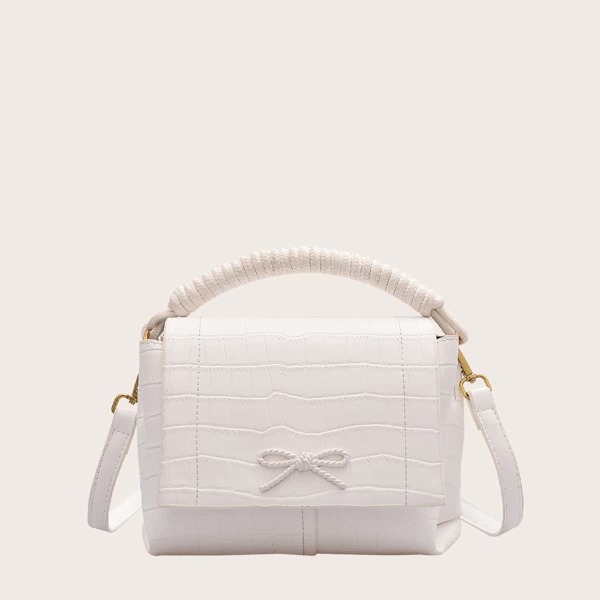 

Stone Embossed Bow Decor Flap Satchel Bag, White