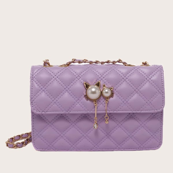 

Faux Pearl Decor Quilted Crossbody Bag, Purple