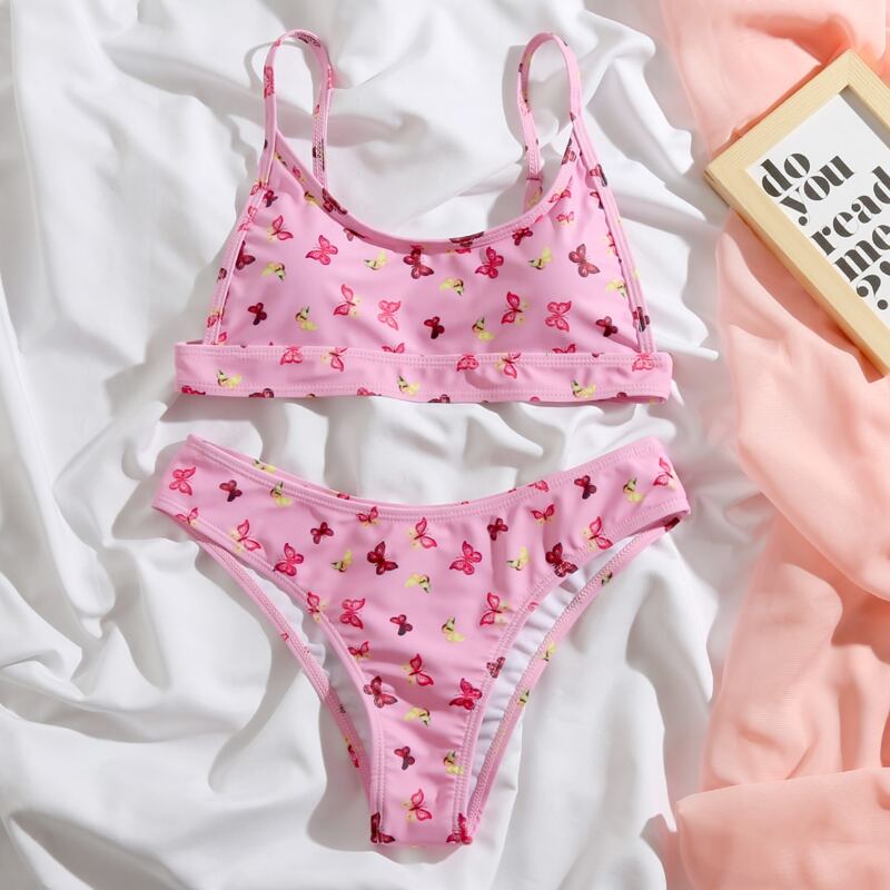 

Butterfly Print Bikini Swimsuit, Pastel baby pink