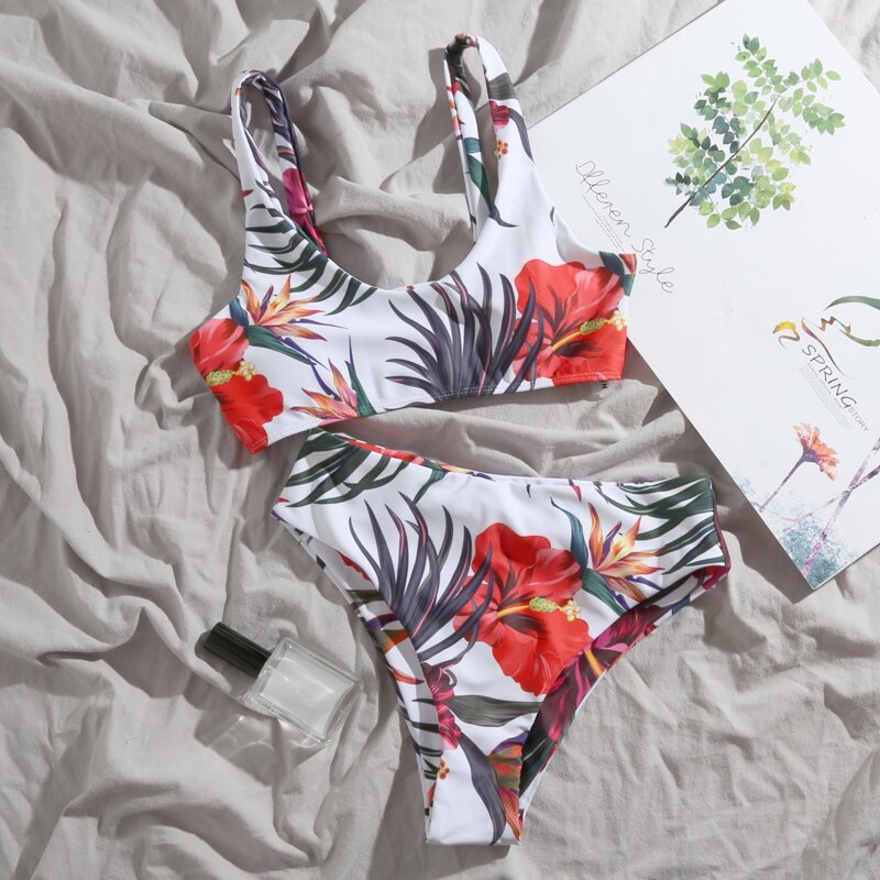 

Floral & Leaf Print High Waisted Bikini Swimsuit, Multicolor