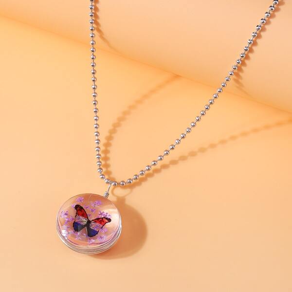 

Butterfly Round Charm Necklace, Purple