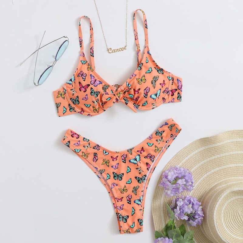 

Butterfly Push Up High Leg Bikini Swimsuit, Coral orange