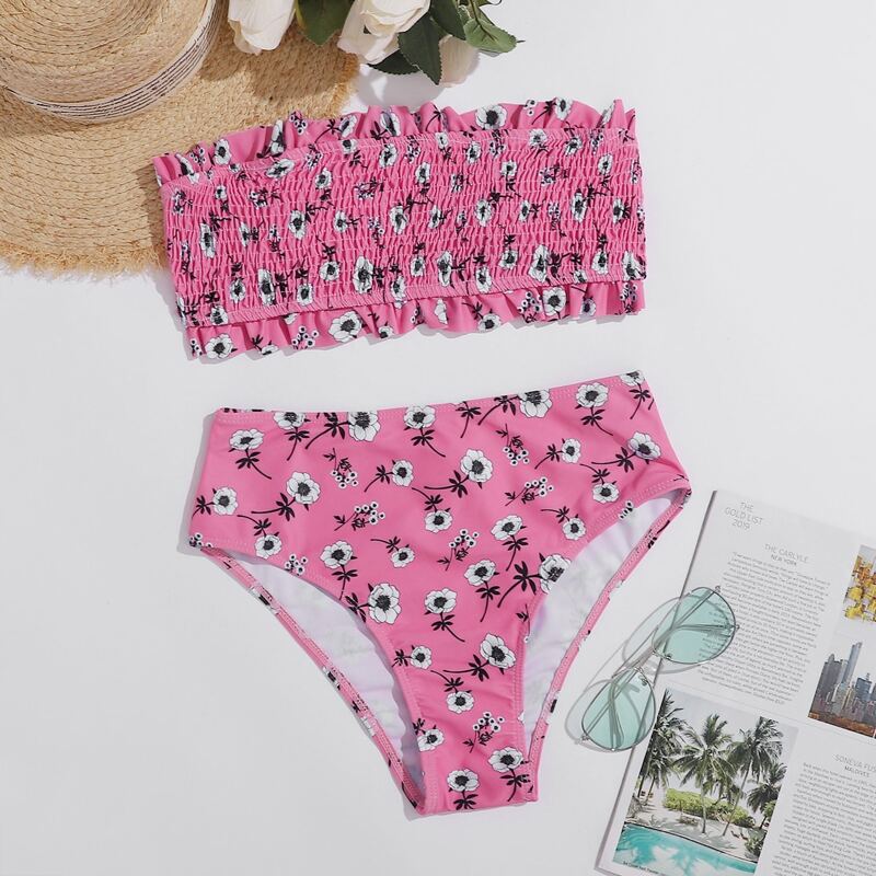 

Floral Smocked High Waisted Bikini Swimsuit, Pink