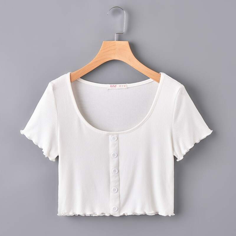 

Ribbed Button Front Crop Tee, White