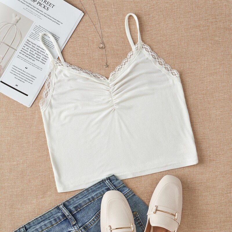 

Lace Trim Ruched Crop Cami, White