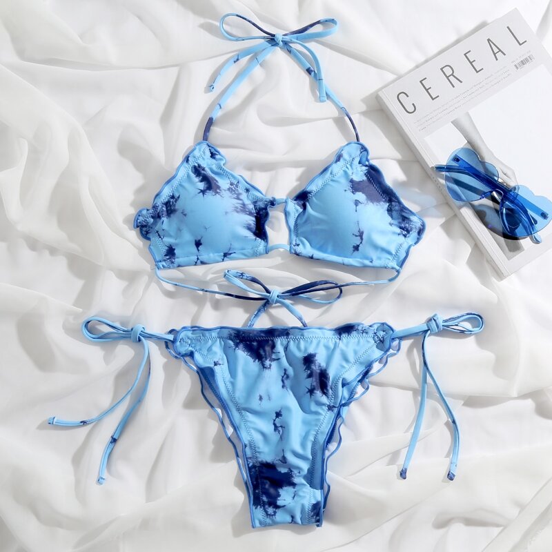 

Tie Dye Halter Tie Side Bikini Swimsuit, Blue