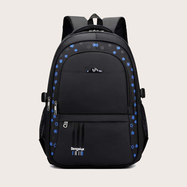 

Men Star & Crown Print Backpack, Black