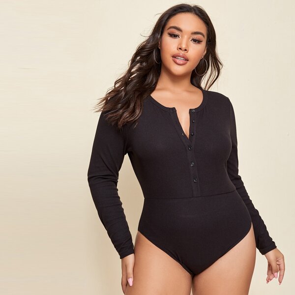 

Plus Button Front Rib-knit Bodysuit, Black