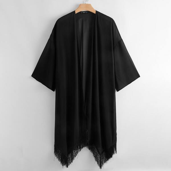 

Plus Drop Shoulder Fringe Hem Chiffon Kimono, Black