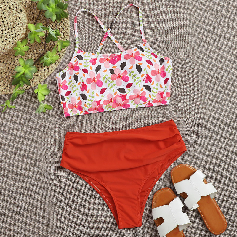 

Floral Ruched High Waisted Bikini Swimsuit, Multicolor