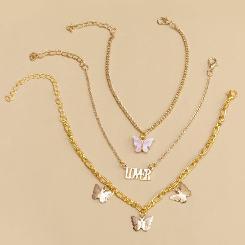 

3pcs Butterfly Letter Decor Anklet, Gold