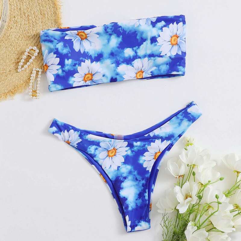 

Floral & Sky Bandeau Bikini Swimsuit, Multicolor