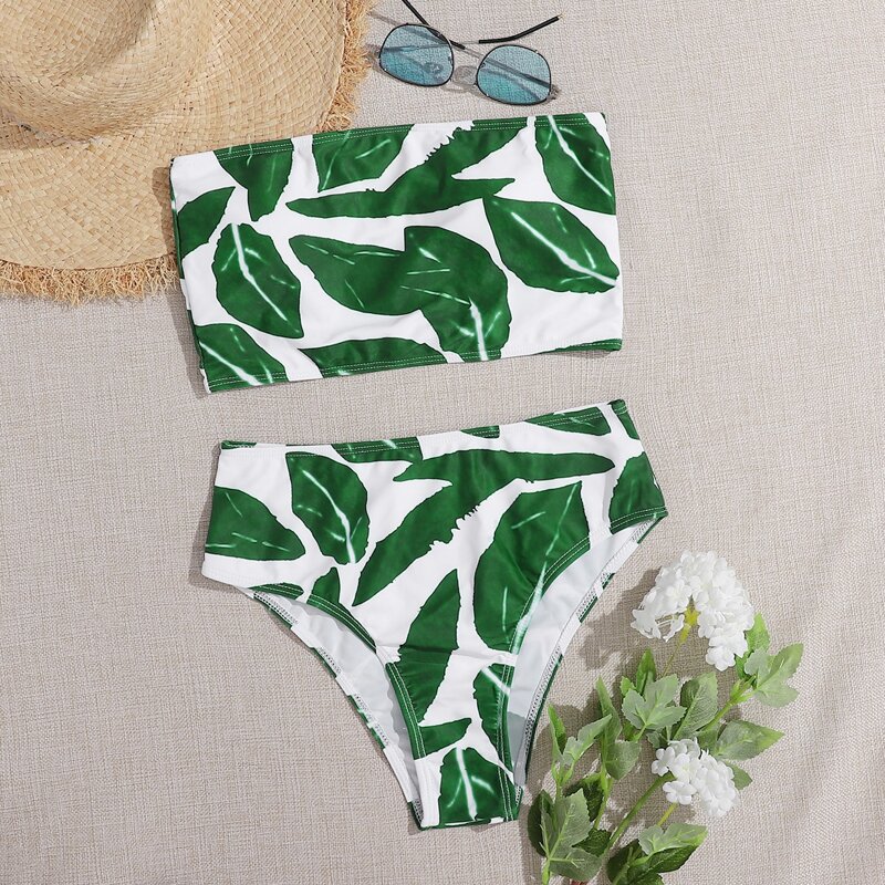 

Leaf High Waisted Bikini Swimsuit, Multicolor
