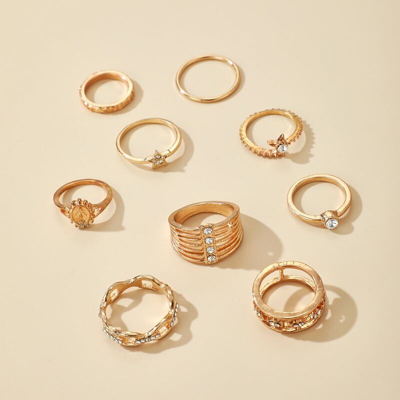 

9pcs Rhinestone Decor Ring, Gold
